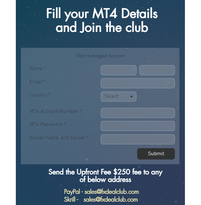 FX Deal Club. There’s a registration form with a login and password.