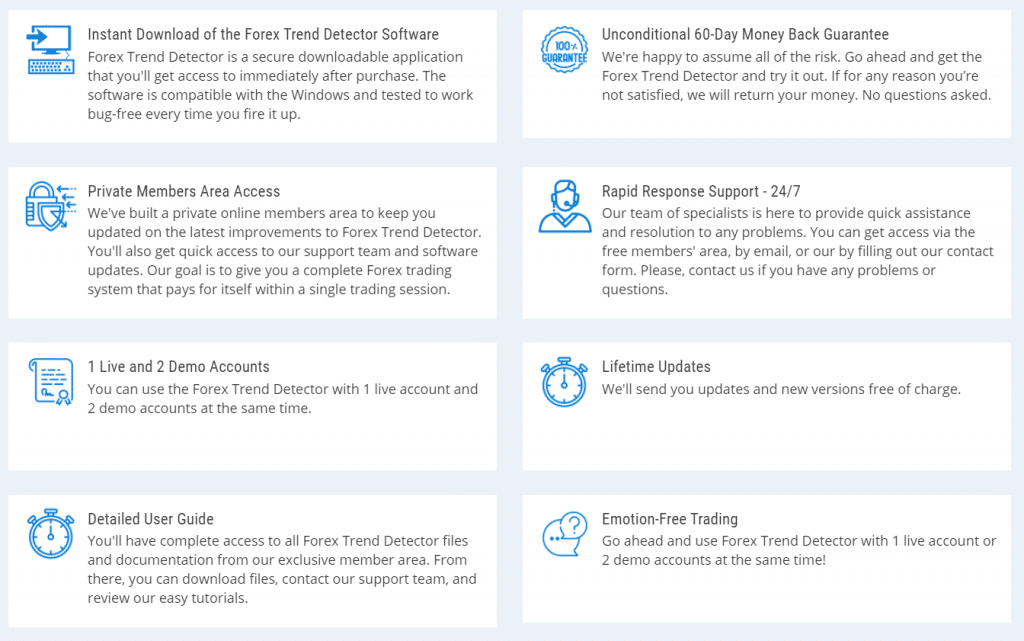 Forex Trend Detector. In addition, we have access to the member area, updates, upgrades, and a user manual.