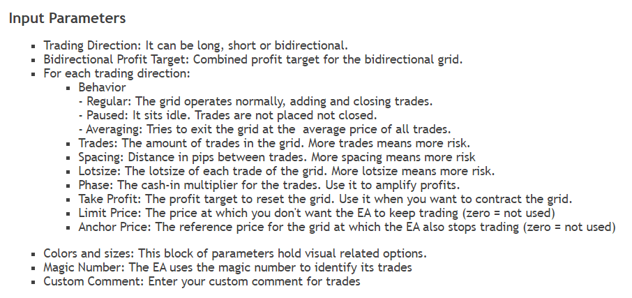 Point Zero Trading parameters