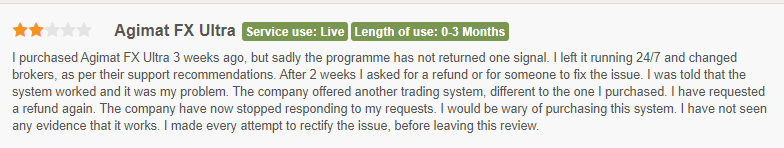 Negative customer reviews for Agimat Trading System.
