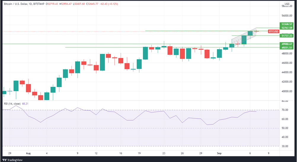 BTCUSD daily price chart with the corresponding RSI