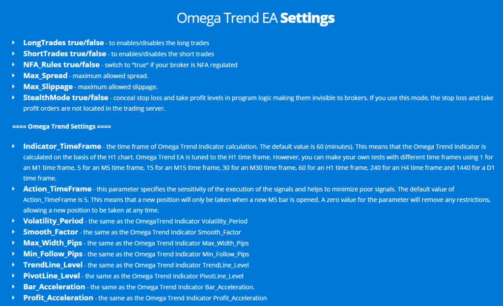 Omega Trend EA settings.