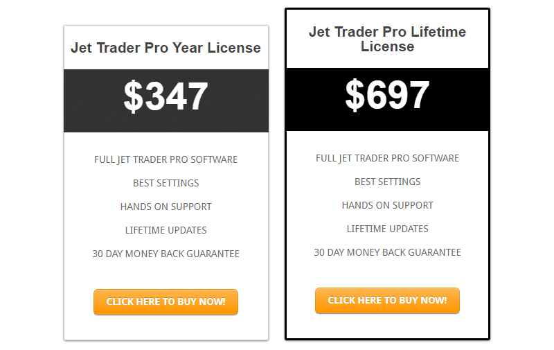 Jet Trader Pro’s pricing plan. 