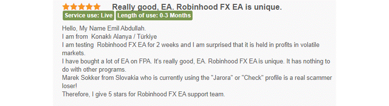 User review for Robinhood FX EA.