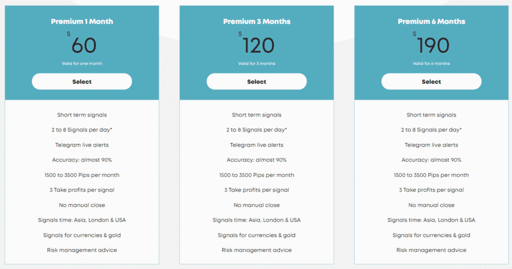 Pricing details of 3 different packages.