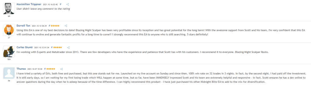 User reviews for Blazing Night Scalper on MQL5.