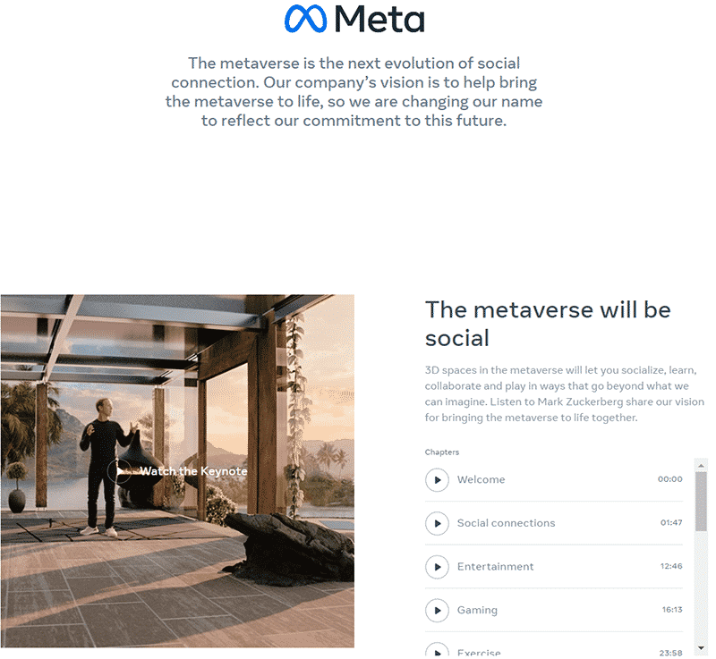The Meta homepage showing a series of videos explaining how the #D metaverse will work