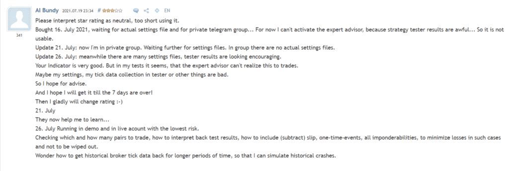 User testimonial on MQL5.