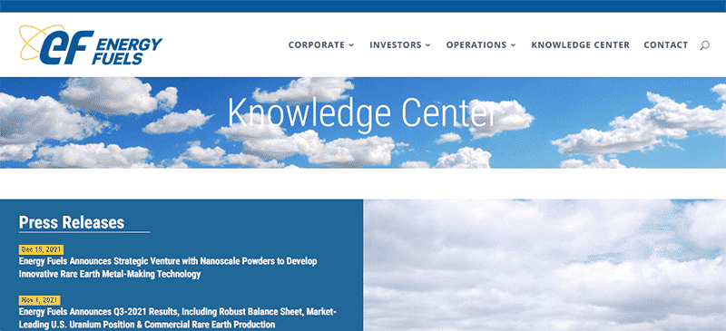 The Energy Fuels knowledge center page