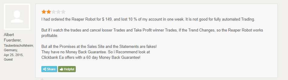Customer comment on Forex Peace Army.