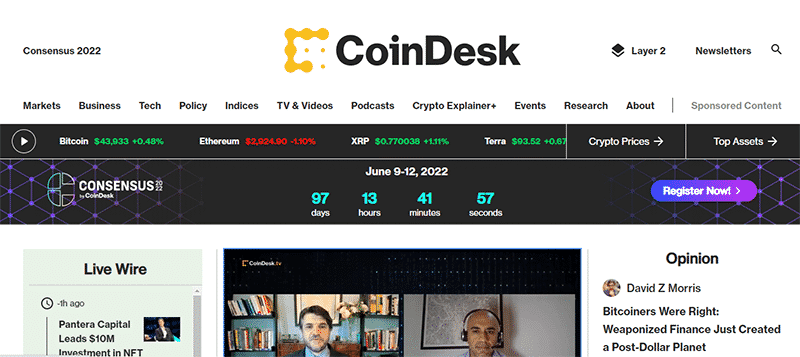 The CoinDesk home page.