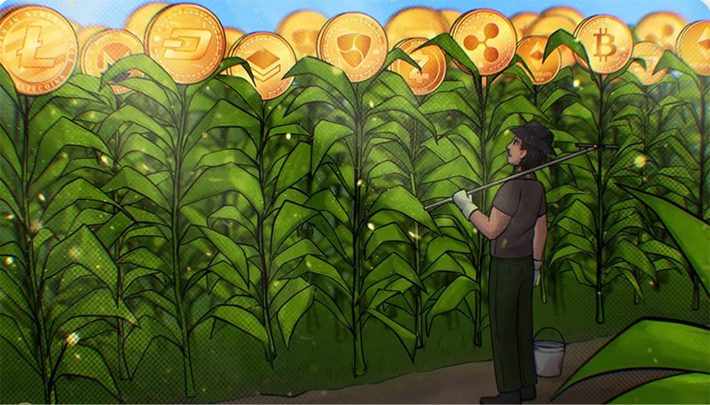 An animated image of a farm of green plants with gold coins