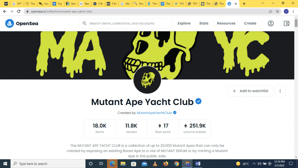 Mutant Ape Yatch Club page on OpenSea
