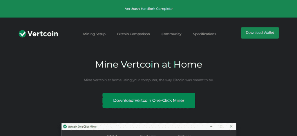 The Vertcoin website’s landing page.