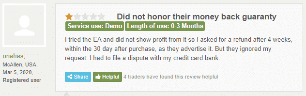 Customer review from Forexpeacearmy.