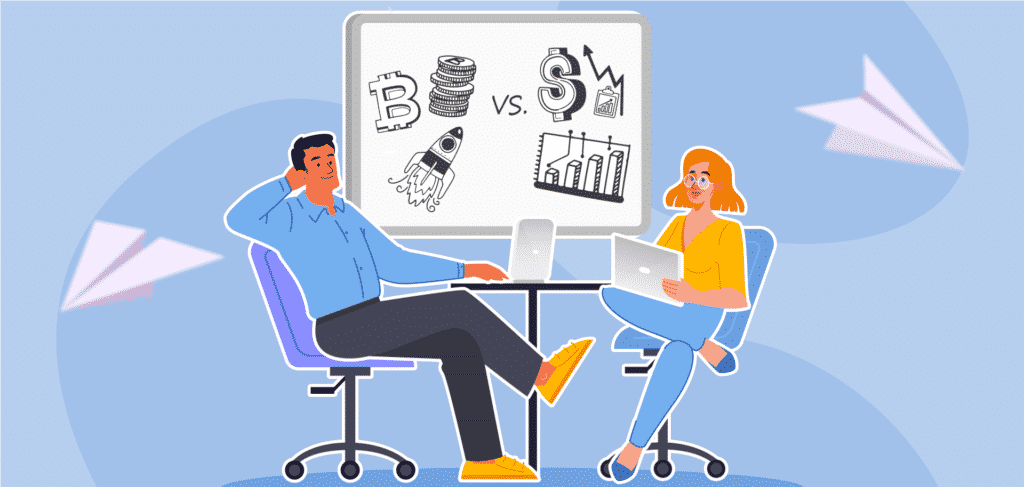 Animated image of two people at a table with symbols representing crypto and equities